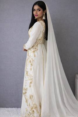Off White Handcrafted Zari work Stitched Georgette Kaftan festive Dress 2