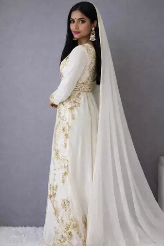 Off White Handcrafted Zari work Stitched Georgette Kaftan festive Dress