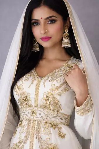 Off White Handcrafted Zari work Stitched Georgette Kaftan festive Dress