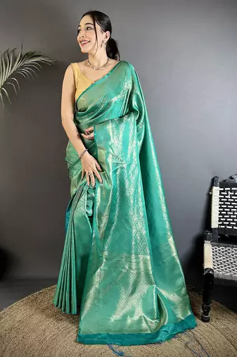rama green soft satin silk blend paisley & floral banarasi saree
