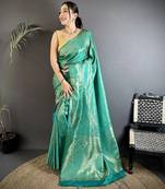 rama green satin silk banarasi saree with paisley-unstitched
