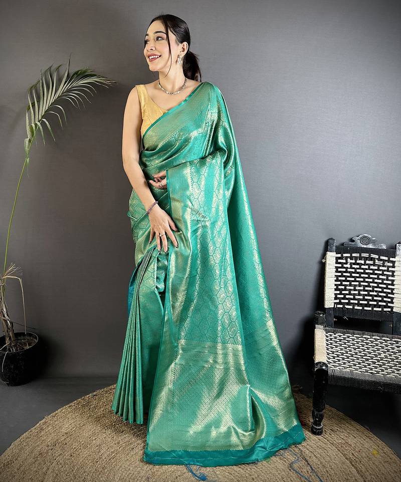 rama green satin silk banarasi saree with paisley-unstitched