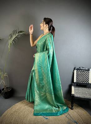 rama green satin silk banarasi saree with paisley-unstitched 2
