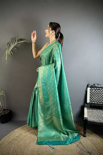 rama green satin silk banarasi saree with paisley-unstitched