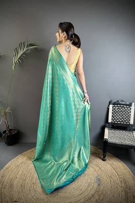 rama green satin silk banarasi saree with paisley-unstitched 3