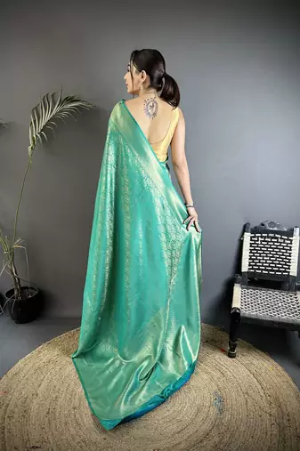 rama green satin silk banarasi saree with paisley-unstitched