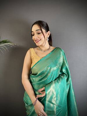 rama green satin silk banarasi saree with paisley-unstitched 4