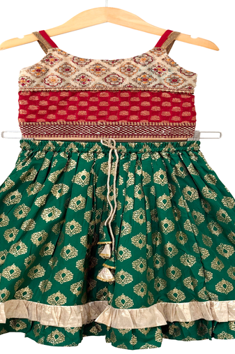 woven brocade sleeveless embellished top with printed lehenga-red & green