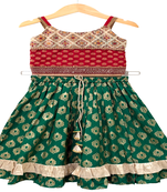 woven brocade sleeveless embellished top with printed lehenga-red & green