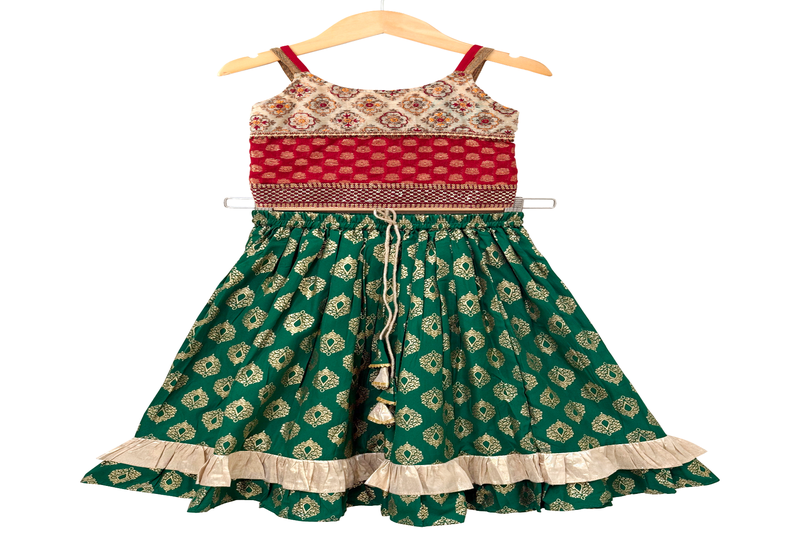 woven brocade sleeveless embellished top with printed lehenga-red & green