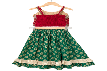 woven brocade sleeveless embellished top with printed lehenga-red & green 2