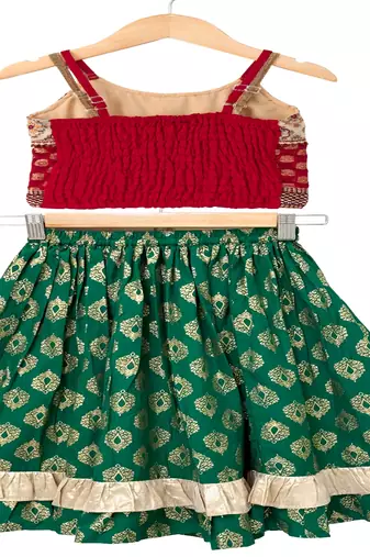 woven brocade sleeveless embellished top with printed lehenga-red & green