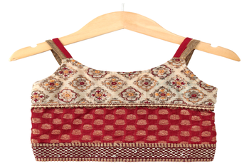 woven brocade sleeveless embellished top with printed lehenga-red & green 3