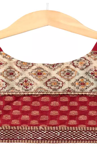 woven brocade sleeveless embellished top with printed lehenga-red & green