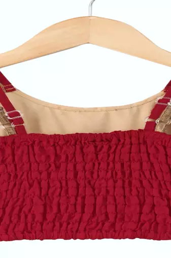 woven brocade sleeveless embellished top with printed lehenga-red & green