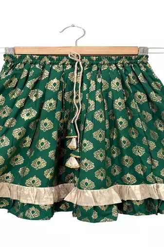 woven brocade sleeveless embellished top with printed lehenga-red & green