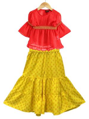 woven georgette 3/4th sleeves all over printed top with printed sharara-coral & yellow 1