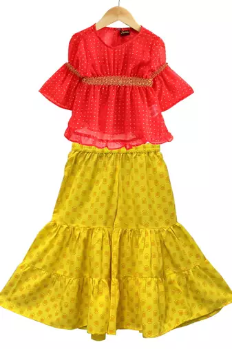woven georgette 3/4th sleeves all over printed top with printed sharara-coral & yellow
