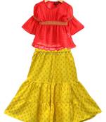 woven georgette 3/4th sleeves all over printed top with printed sharara-coral & yellow