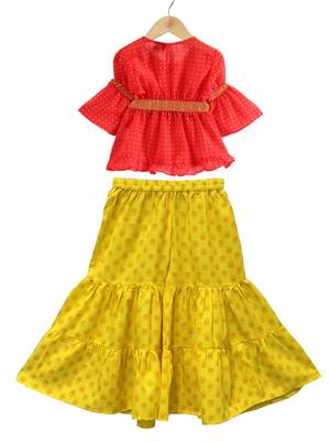 woven georgette 3/4th sleeves all over printed top with printed sharara-coral & yellow 2