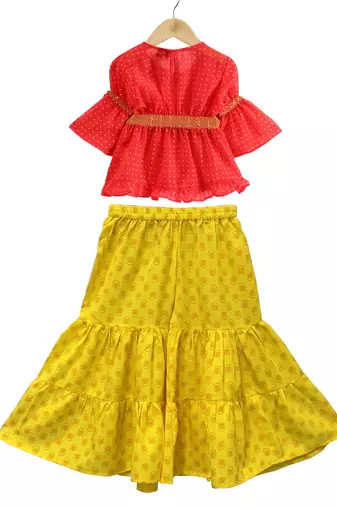 woven georgette 3/4th sleeves all over printed top with printed sharara-coral & yellow