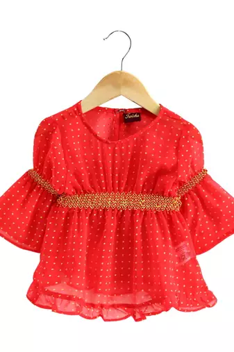 woven georgette 3/4th sleeves all over printed top with printed sharara-coral & yellow