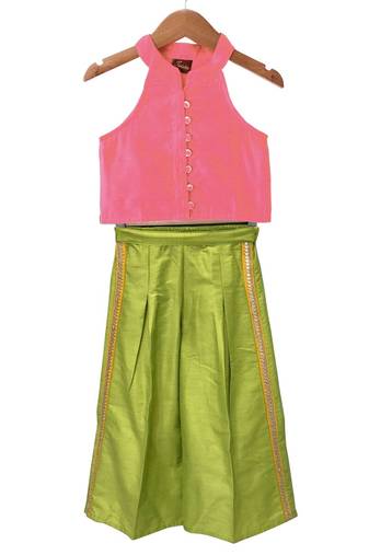 woven chanderi sleeveless solid top with  palazzo-coral  & limegreen