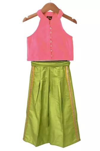 woven chanderi sleeveless solid top with  palazzo-coral  & limegreen