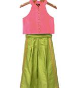 woven chanderi sleeveless solid top with  palazzo-coral  & limegreen