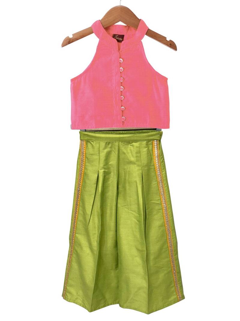 woven chanderi sleeveless solid top with  palazzo-coral  & limegreen