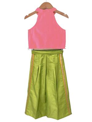 woven chanderi sleeveless solid top with  palazzo-coral  & limegreen 2