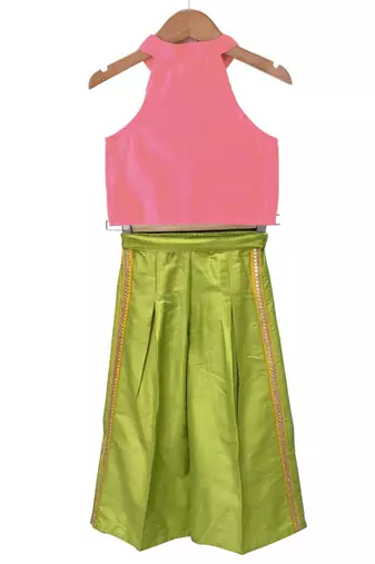 woven chanderi sleeveless solid top with  palazzo-coral  & limegreen