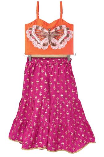 woven sleeveless placement embroidered top with printed sharara-orange & pink