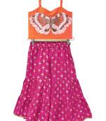 woven sleeveless placement embroidered top with printed sharara-orange & pink