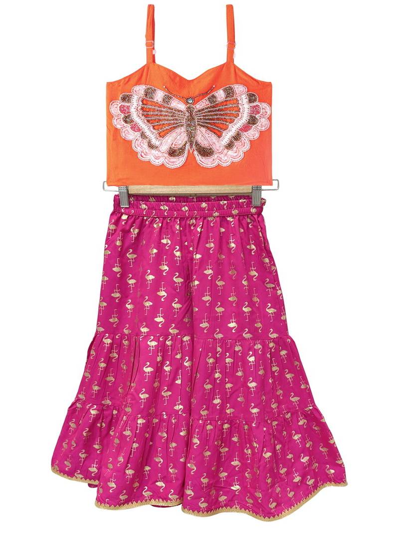 woven sleeveless placement embroidered top with printed sharara-orange & pink