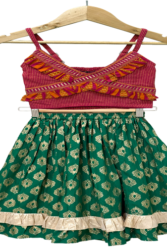 woven cotton sleeveless striped top with printed lehenga-pink & green