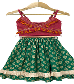 woven cotton sleeveless striped top with printed lehenga-pink & green