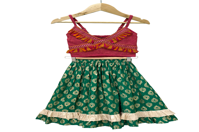 woven cotton sleeveless striped top with printed lehenga-pink & green