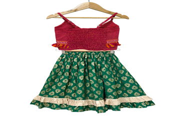 woven cotton sleeveless striped top with printed lehenga-pink & green 2
