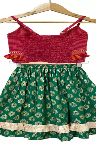 woven cotton sleeveless striped top with printed lehenga-pink & green