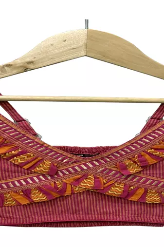 woven cotton sleeveless striped top with printed lehenga-pink & green