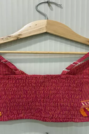 woven cotton sleeveless striped top with printed lehenga-pink & green