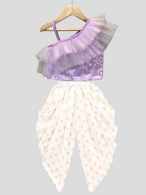 woven  sleeveless solid top with printed dhoti-lavender & offwhite 1