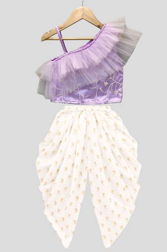woven  sleeveless solid top with printed dhoti-lavender & offwhite