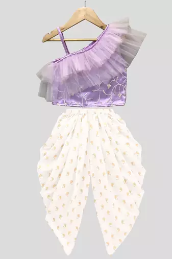 woven  sleeveless solid top with printed dhoti-lavender & offwhite