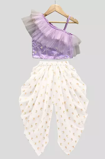 woven  sleeveless solid top with printed dhoti-lavender & offwhite