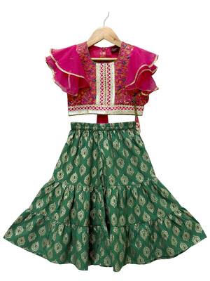 woven brocade half sleeves embellished top with printed sharara-pink & green 1