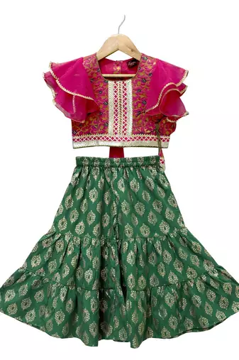 woven brocade half sleeves embellished top with printed sharara-pink & green