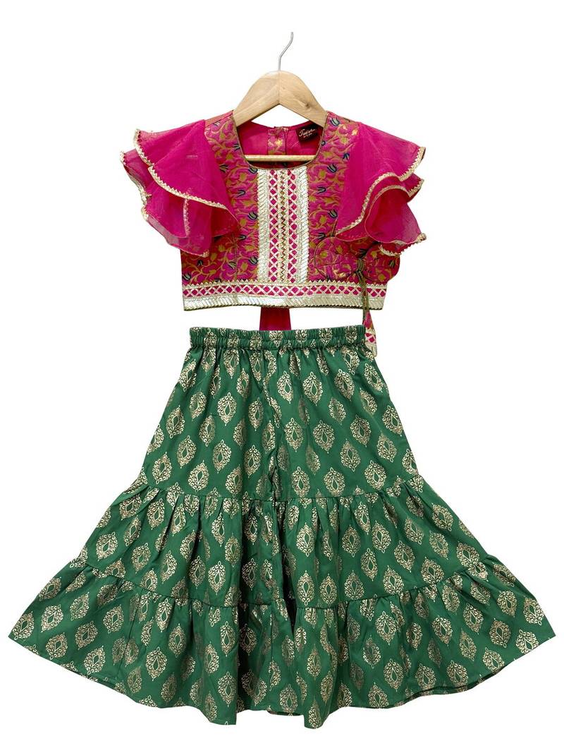 woven brocade half sleeves embellished top with printed sharara-pink & green