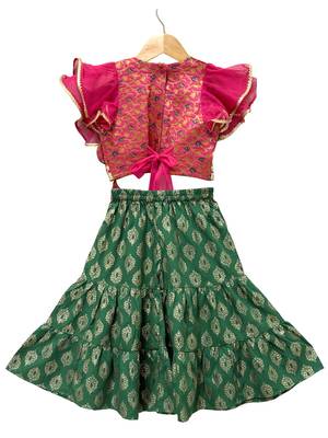 woven brocade half sleeves embellished top with printed sharara-pink & green 2